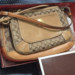 Coach Signature Demi Pouch Handbag Canvas Leather in Beige