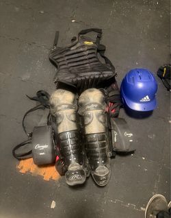 Catchers gear and bag plus batting helmet