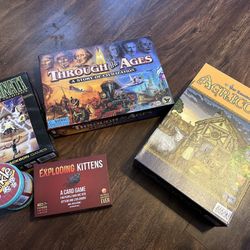 Board games - Illuminati, Agricola, Through The Ages, Exploding Kittens, Farkle Dice game