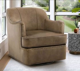 Genuine leather Accent Chair, 360°Swivel Accent Chair, Modern Barrel Accent Armchair Waterproof for Living Room , greyish green
