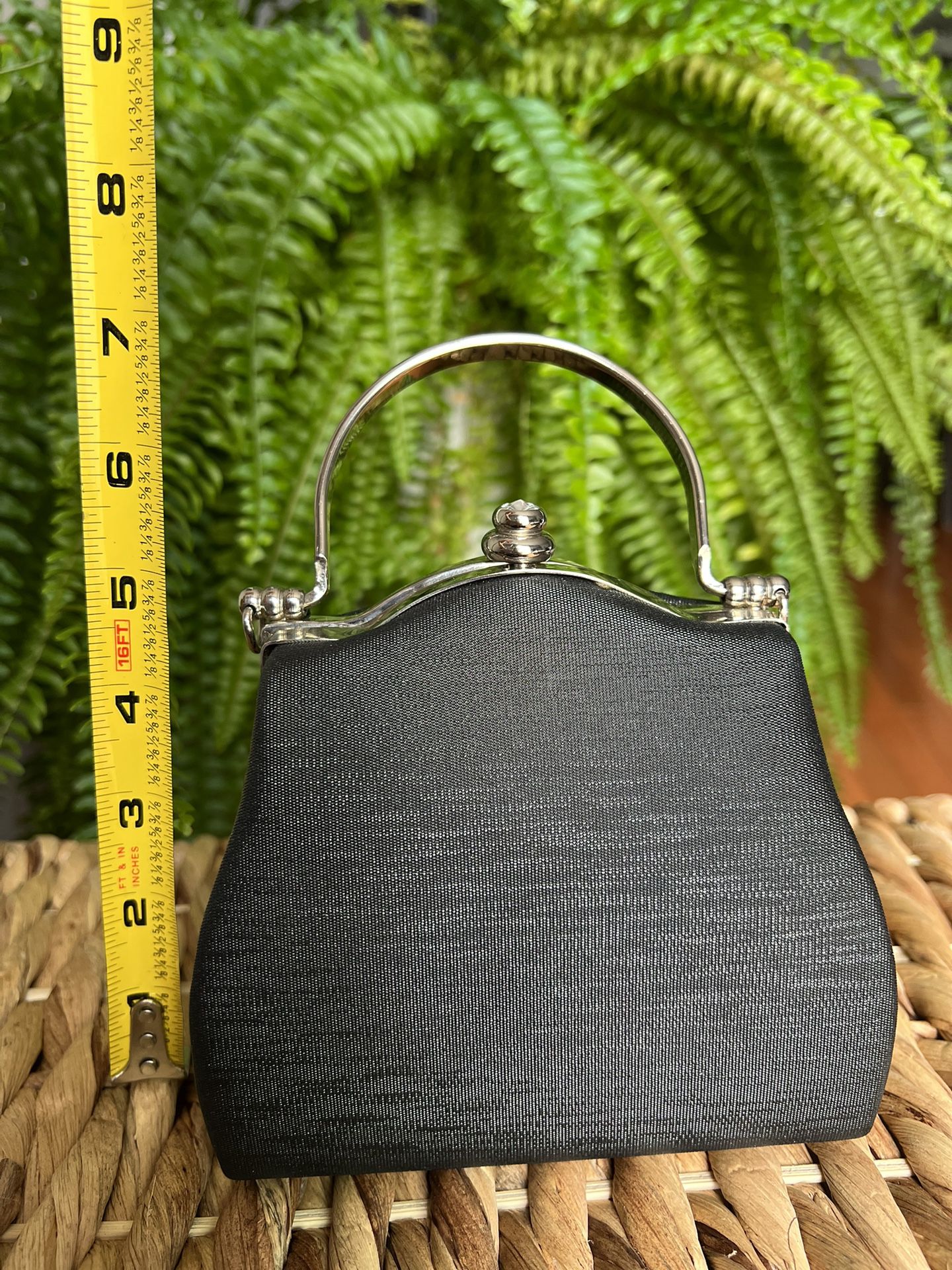 Evening Bag - Black Satin with top handle and detachable chain strap