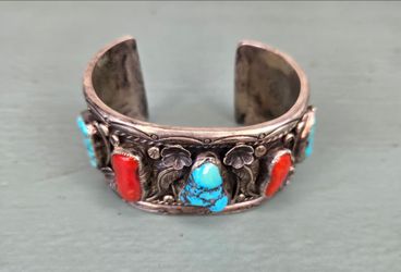 Native American Signed Sterling Silver Turquoise Coral Navajo Bracelet Cuff