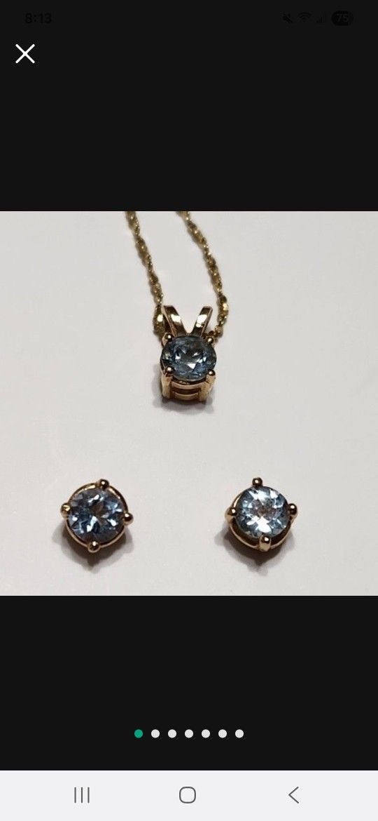 14k Gold Blue topaz Pendant, Chain And Earrings