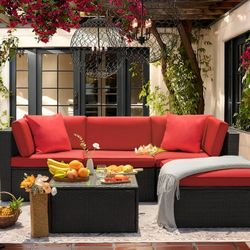 New 5 Pieces Patio Furniture Set Outdoor Patio Sectional Sofa Weaving Wicker Rattan All Weather PatiPatio Furniture Set with Cushion and Glass Table A