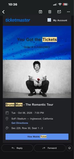 2x bruno mars tickets for October 6th