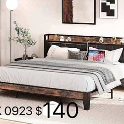 King Bed Frame, Storage Headboard with Charging Station, Solid and Stable(0923)