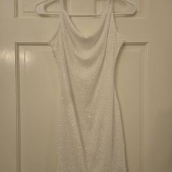 New Women's Size Small White Iridescent Sequin Strappy Mini Dress w/ Side Zip, has flaw on back. One string of sequins when it was made was left with 