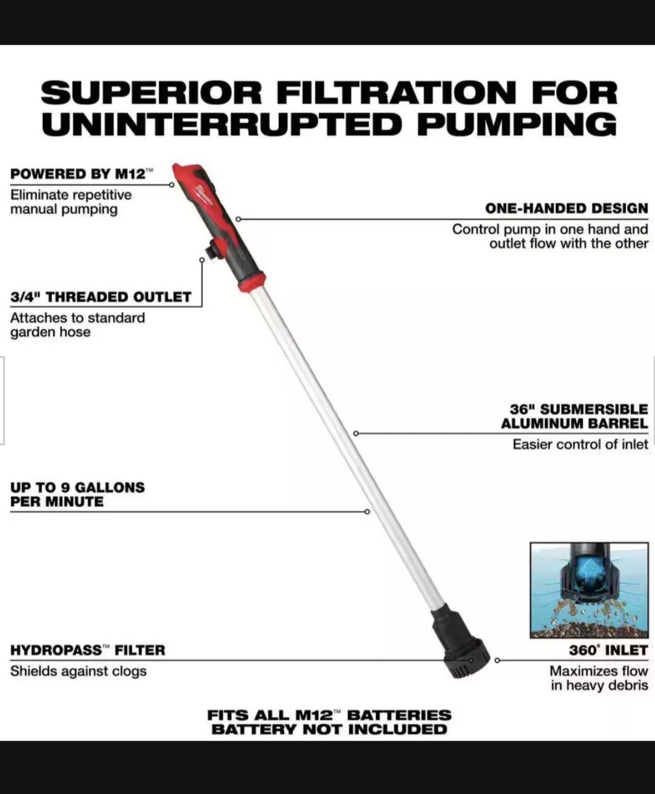 M12 12-Volt Lithium-Ion Cordless 9 GPM 0 hp. Submersible Stick Water Transfer Pump (Tool Only)