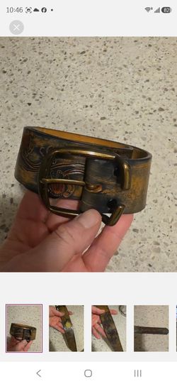 Hand Stained Latitan Leather Floral Embossed Belt with Brass Buckle