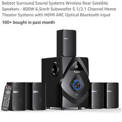 Bobtot Surround Sound Systems Wireless Rear Satellite Speakers - 800W 6.5inch Subwoofer 5.1/2.1 Channel Home Theater Systems with HDMI ARC Optical Blu