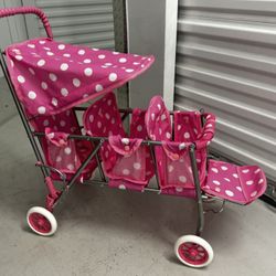 Folding Triple Doll Stroller - Pink/Polka Dots