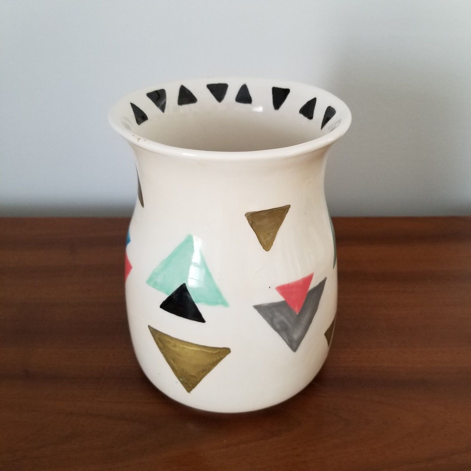 Hand painted flower vase, triangles, geometric design, colourful