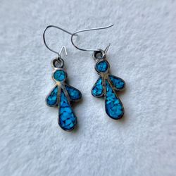 Vintage Silver & Turquoise Angel Cross Drop Earrings Southwestern 