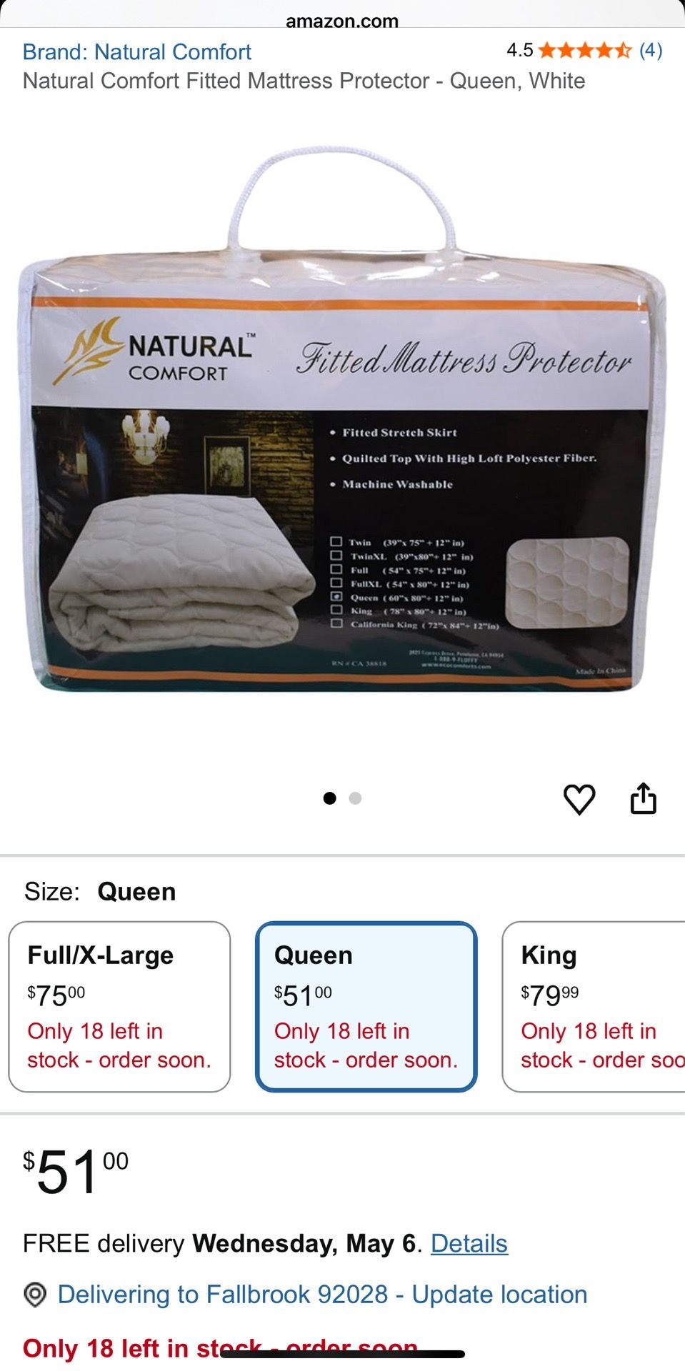 Natural Comfort Fitted Mattress Protector queen size