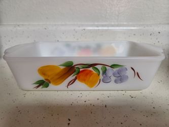 409 T.M. Reg Fire-King 6 1 QT. White and Flowered Butter Dish