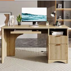 55 in. Natural Office Desk with Power Outlets, 2-Storage Drawers and Keyboard Tray