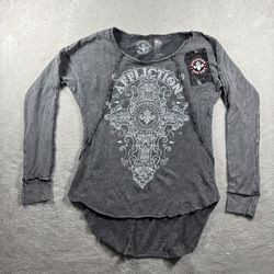 Affliction Marquis Top Women’s Small Gray Rhinestone Cross 3/4 Sleeve NWT Y2K#8F