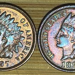 LOT OF 2 BEAUTIFULLY TONED INDIAN HEAD PENNY CENTS!! 4 DIAMONDs!! 892, 1897!! 