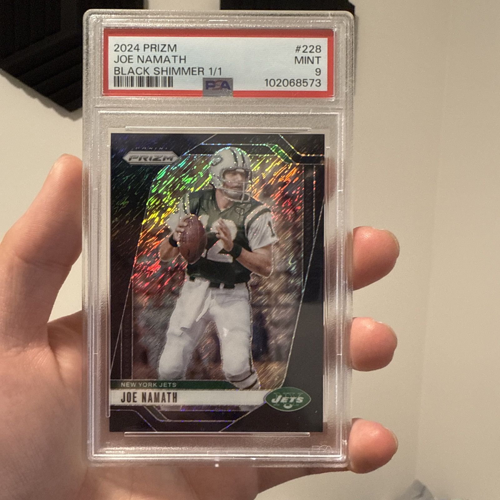 2024 JOE NAMATH PANINI PRIZM BLACK SHIMMER 1/1 PSA 9