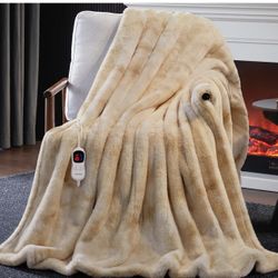 New Heated Blanket Electric Throw, Soft Faux Rabbit Fur Electric Blanket with 10 Heating Levels 5 Si