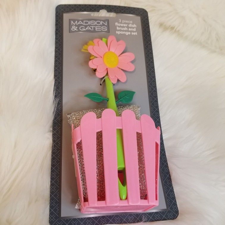 Pink Flower Power 3-piece Sink Caddy Set, Daisy-shaped Dish Brush, Sponge and Fence-shaped Holder with Suction Cup, Pink