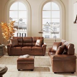 Living Room Couches 2 Pieces Leather Loveseat and Sofa Set, PU Leather Brown Couch and Loveseat for Living Room, Bedroom, Office, Apartment 
