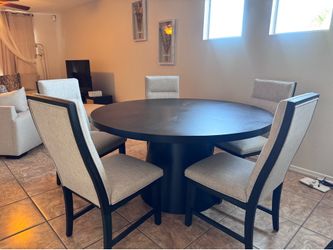 Modern 5-Chair Round Dining Set - Black Pedestal Table & Grey Chairs