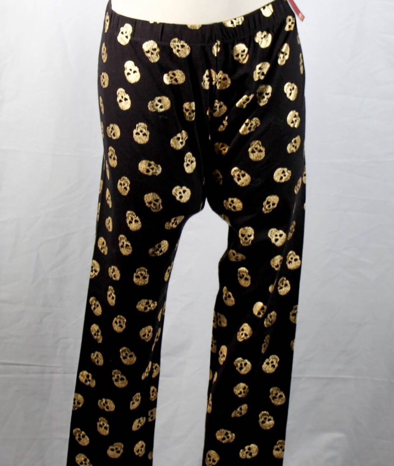 NWT Vintage Y2K Mall Goth Aesthetic Black Leggings With Metallic Gold Skull Print Size XL Juniors 