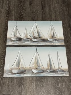 2x Canvas Wall Art Coastal Sail Boat Pictures 12x 23.5