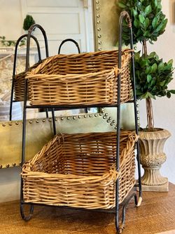 Rustic Two-Tier Wicker Basket Organizer with Metal Stand – Farmhouse Storage
