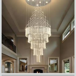 Haixiang W24 x H78 Crystal Glam Chandelier Long Light Chandeliers with Dimmable Light Bulbs High Ceiling Light Fixtures for Foyer Entryway Living Room