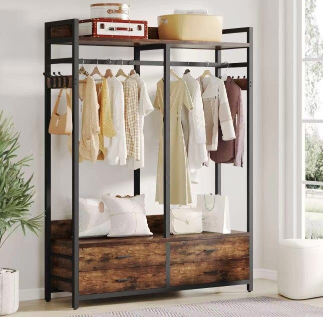 F1897 Freestanding Closet Organizer, Garment Rack with Drawers & Shelves