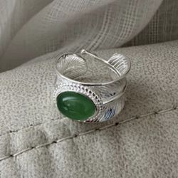 Solid Sterling Silver 925 Jade Leaf Ring