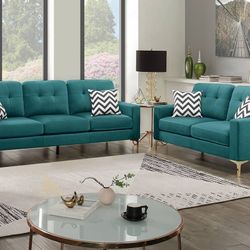 New! Teal Blue Velvet Modern Sofa and Loveseat Living Room Set