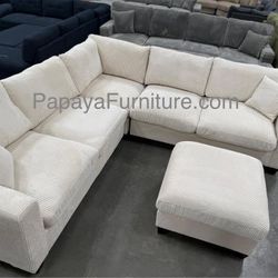 NEW Modern Sectional Sofa and Ottoman Set Ivory White Cream Beige Apartment IKEA Style Couch Small Living room Corner Space Saving BIG SALE Designer