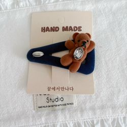 Velvet dark blue with brown bear hair clip