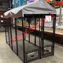 Outdoor Dog Kennel with Tarp Shade With Feeding Doors & Bowls  – 8x4x6 ft  (New in Box)