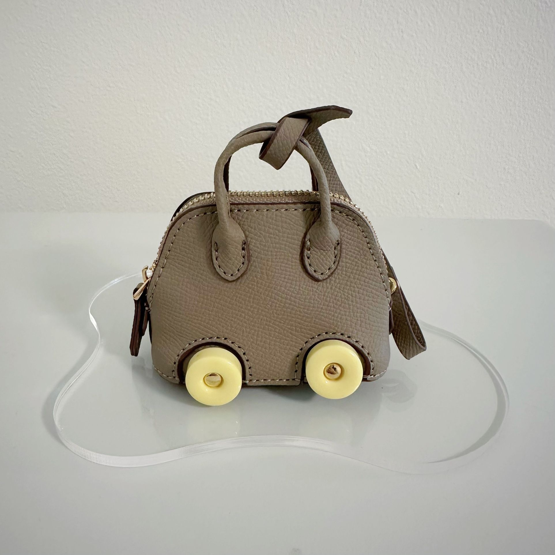 Mini Bolide Style Bag Charm – Elephant Grey w/ Yellow Wheels – AirPods Coin Pouch Key Holder