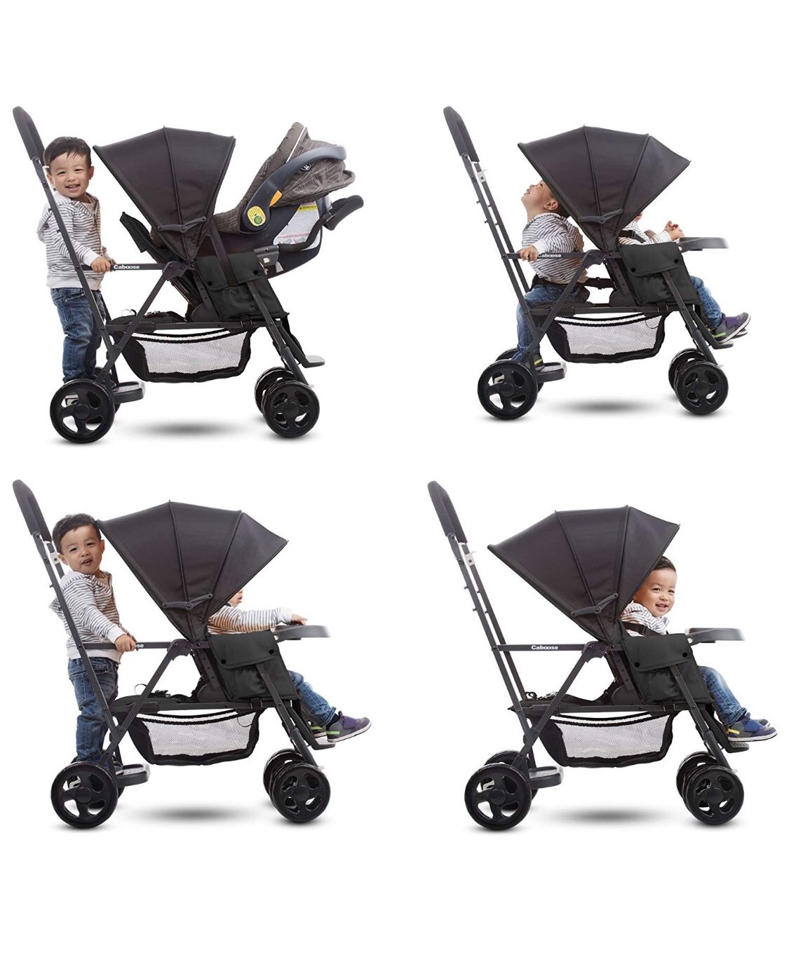 Joovy Caboose Black Double Stroller with Back Attachment and Infant Car Seat Attachment