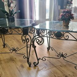 WROUGHT IRON AND GLASS END TABLES