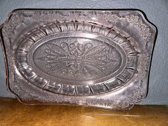 Crystal Pink Oval Serving Platter Dish Depression Glass Vintage "Adam” Ornate
