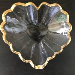 Vintage Mikasa Heart Shaped Crystal Bowl with Gold Rim