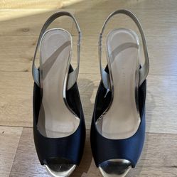 Charles & Keith Black and Gold Peep-Toe Slingback Heels