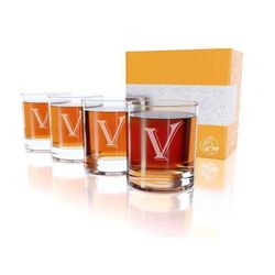 NEW On The Rox set of 4 glass heavy base 11 oz engraved with V monogram rocks drinking glasses tumblers