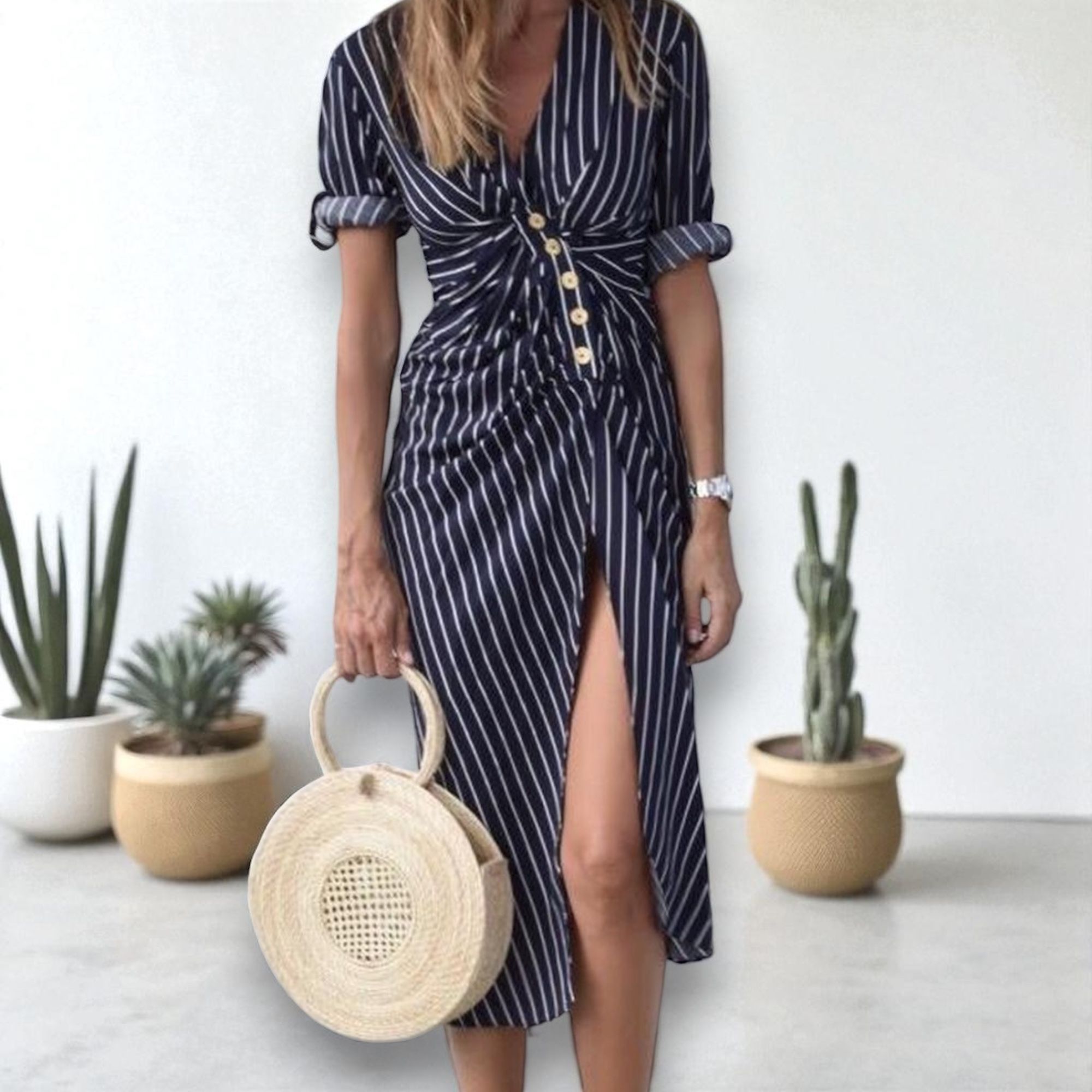 Zara Nautical Blue And White Stripe Button Dress