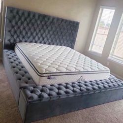 (NEW IN BOX)Grey Queen Size front and side Storage Platform Bed Frame Finance