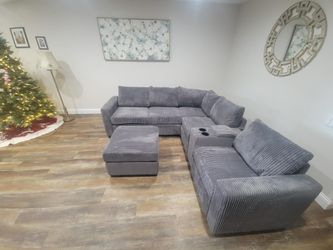 New Sectional Corduroy Couch with USB Console and Cup Holders ! Free Delivery 🚚
