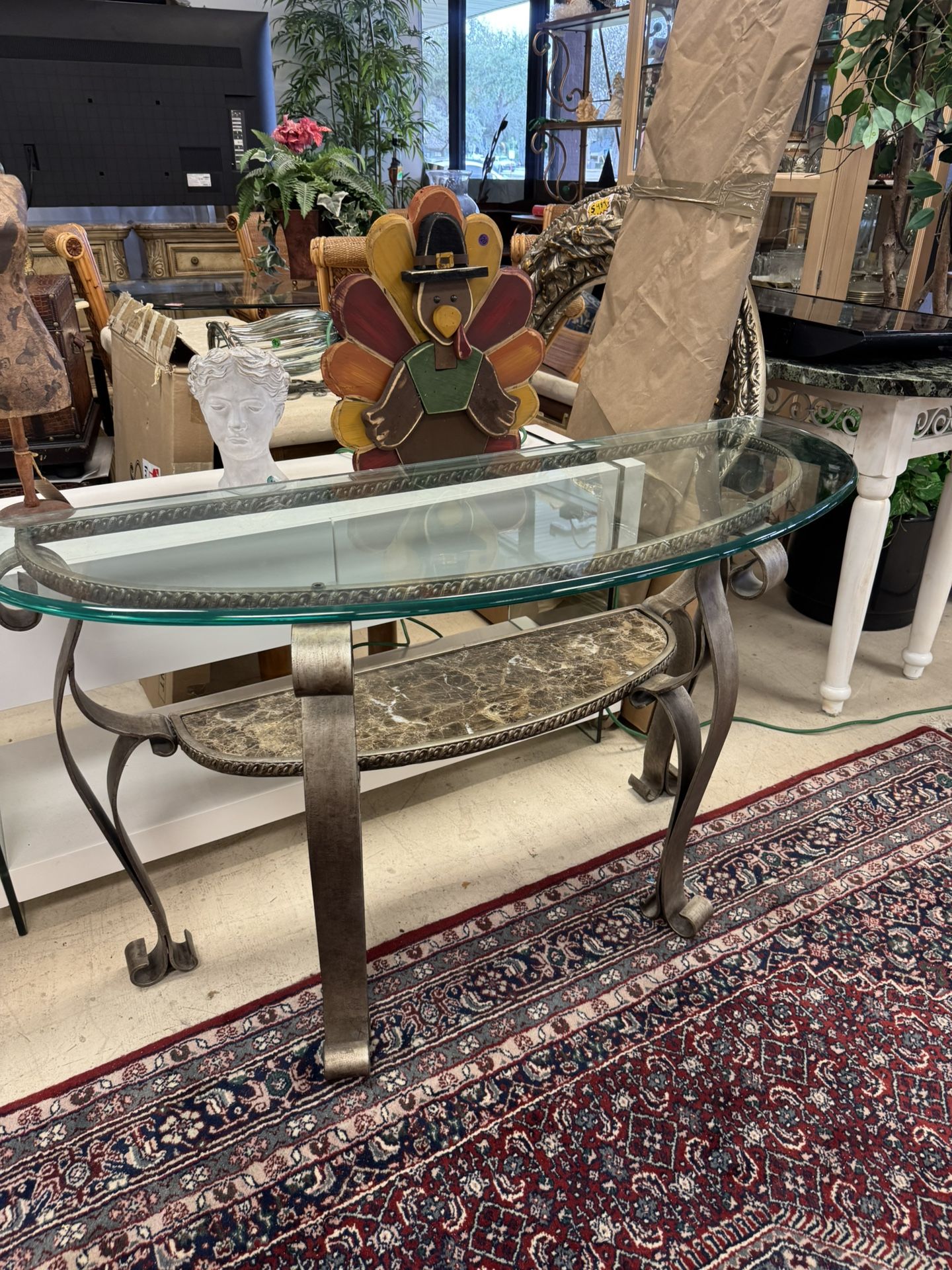 Vintage -style wrought iron console table with a glass top and a marble shelf - 52” x 20”