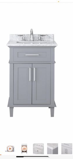 Home Decorators Collection Sonoma 24 in. W x 20.25 in. D Vanity in Pebble Grey with Carrara Marble Top with White Sinks