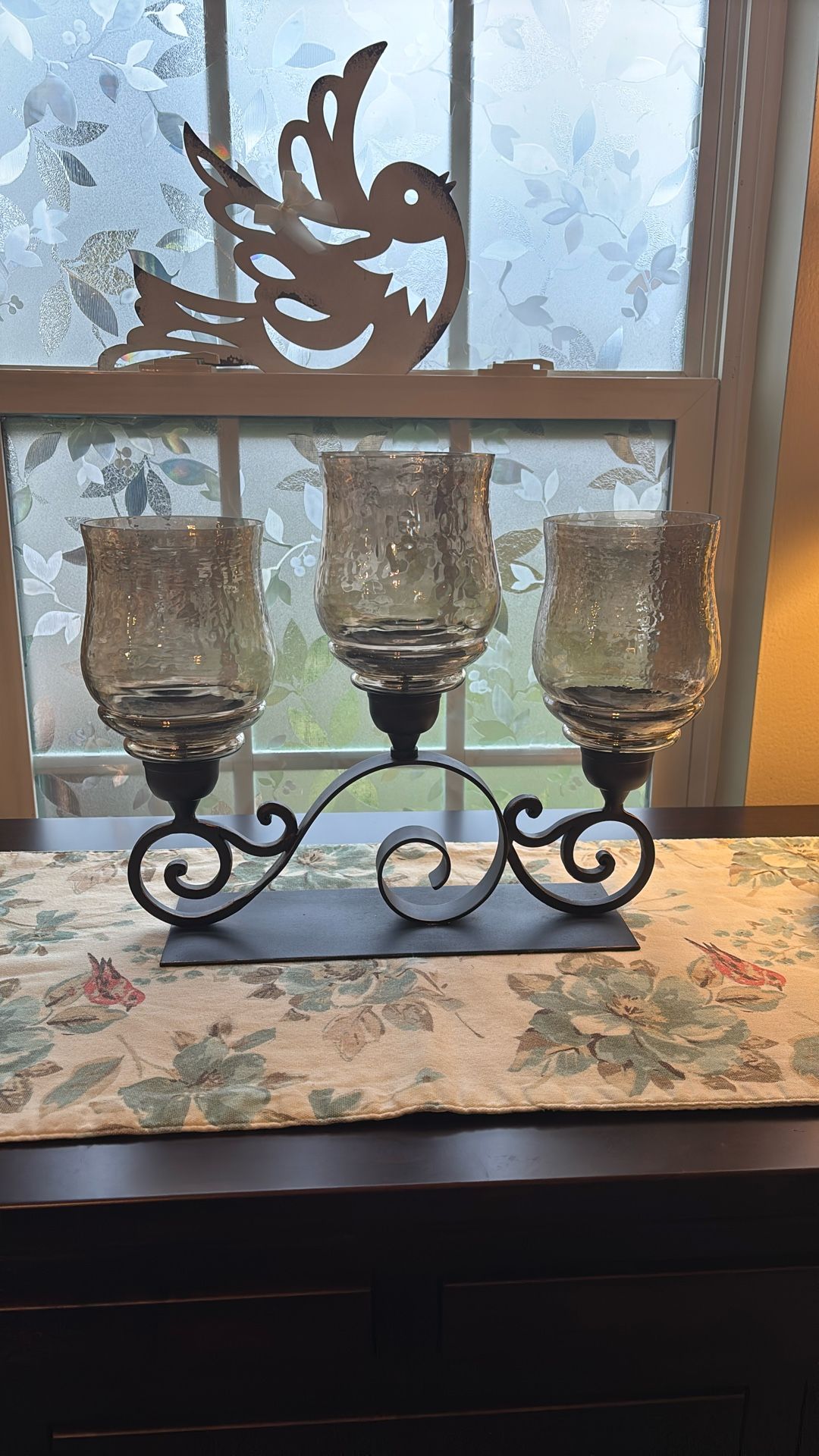 Pier One, Wrought Iron Trio With Amber Glass Hurricane Candle Holder
